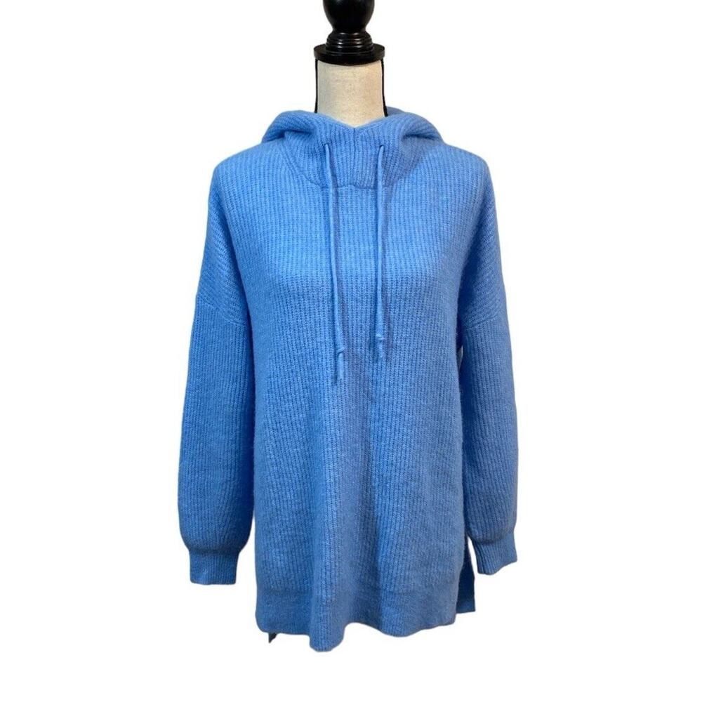 Ganni Callahan Alpaca and Wool Ribbed Knit Hooded Blue Pullover Sweater